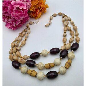 Brown Black 3 Strand Chunky Wood Lucite Necklace 18" Adj Made In Germany Vintage